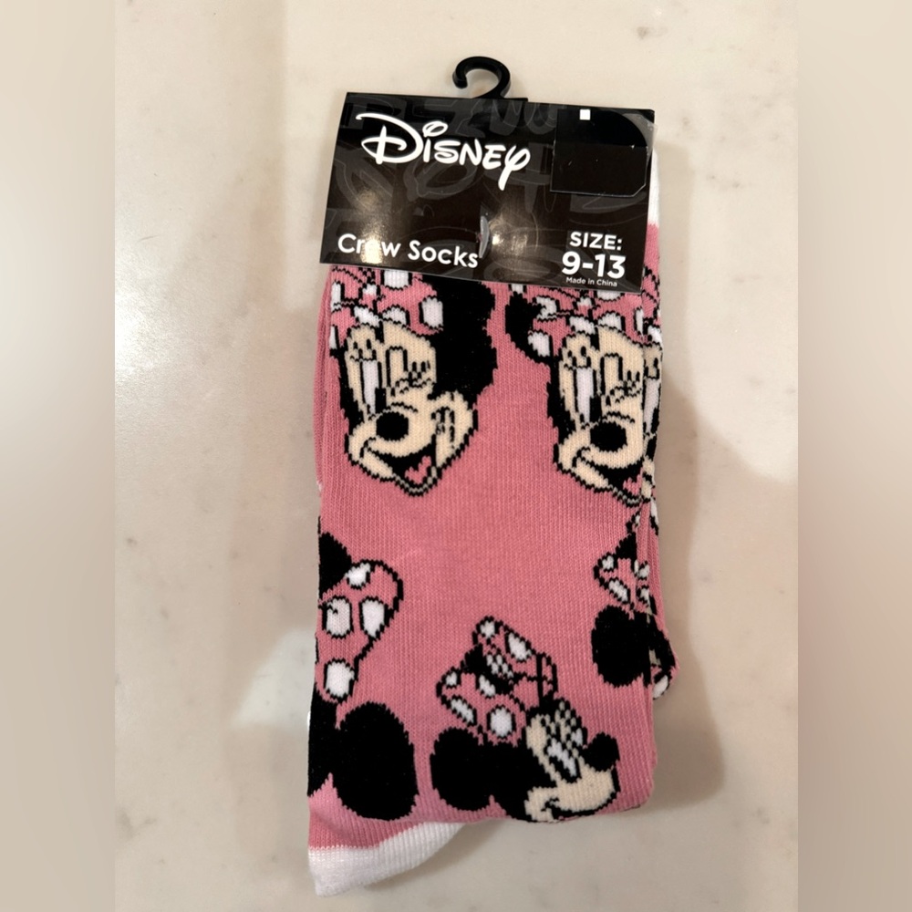 Disney Minnie Mouse pink white and black crew socks, unisex 9-13 NWT